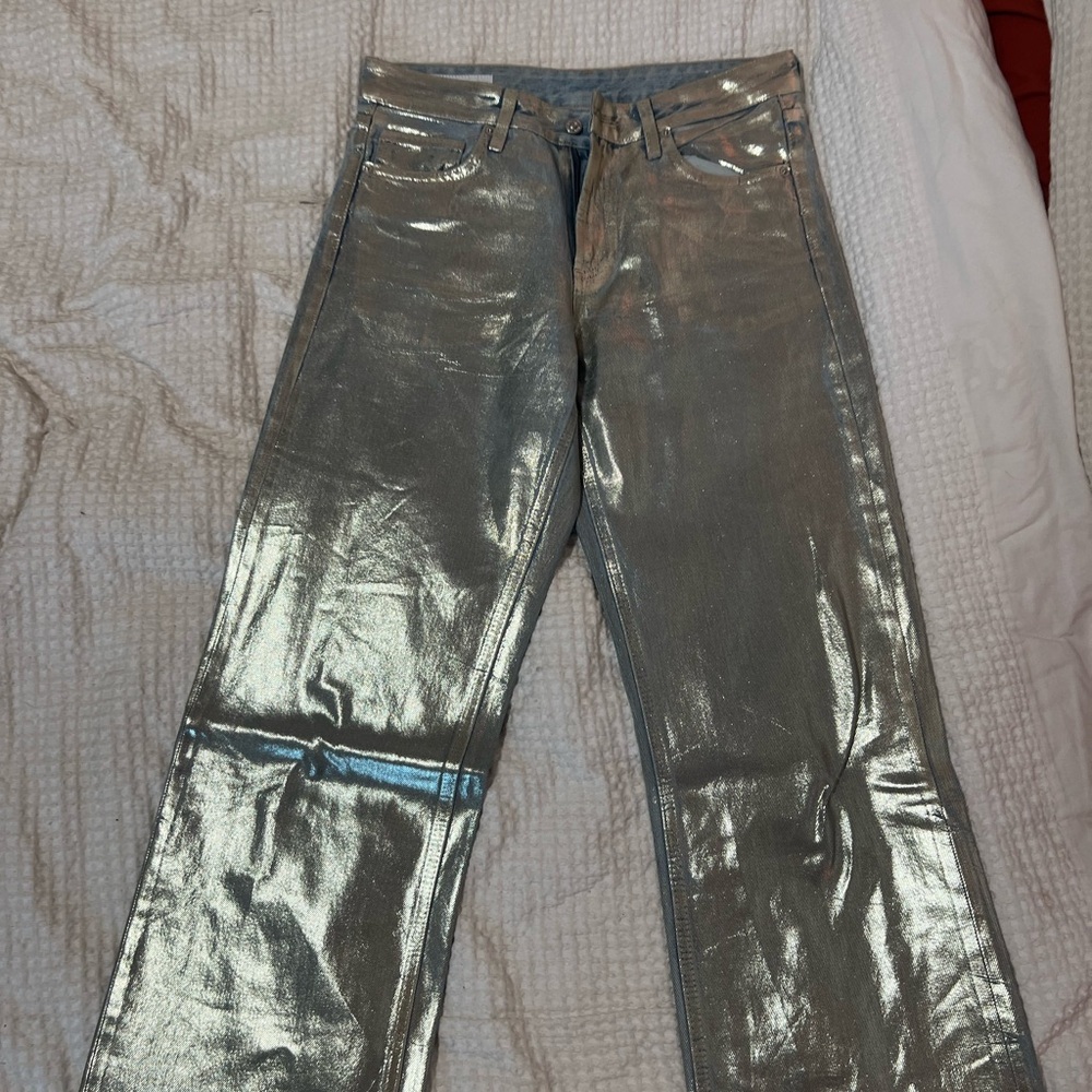 🍴 ZARA. 🍴 Silver Metallic Denim Pants